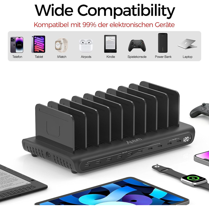 Зарядний пристрій Alxum 60W USB, 10 портів, 5V/2.4A, для телефону, планшета, Kindle - чорний