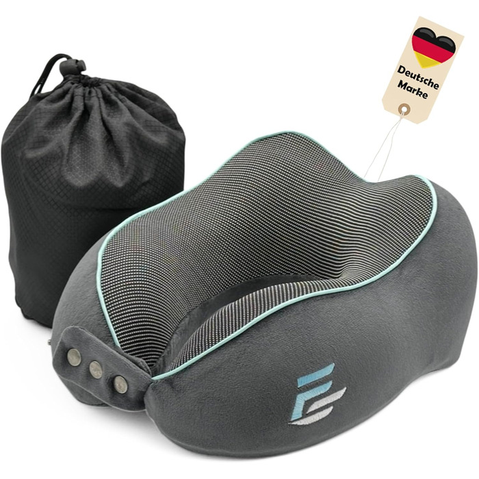 Подушка для шиї FS для літака та авто – Memory Foam з 360° підтримкою шиї – Регульована з кнопками – Дихаючий, м'який чохол – з мішечком – Сіра