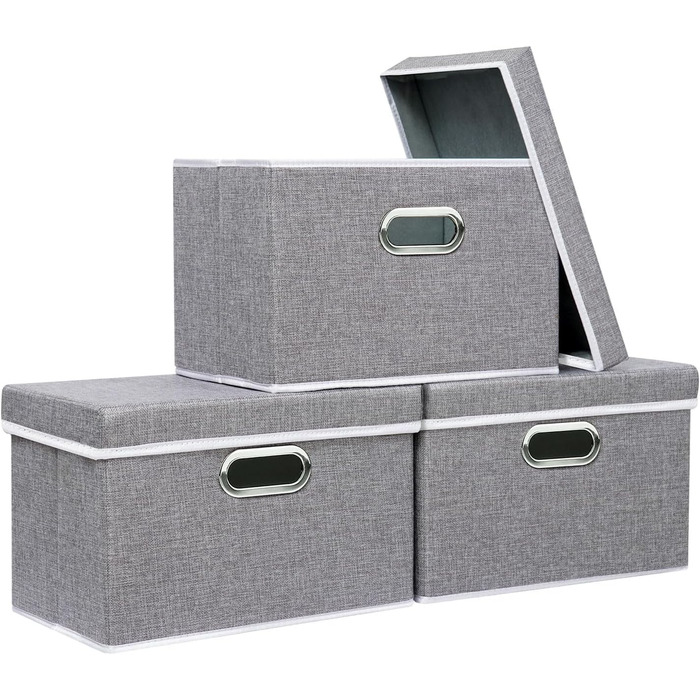 Yawinhe 3-Piece Storage Boxes with Lids, Foldable Fabric Storage Box with Handles, Storage Boxes, for Bedroom, Clothes Storage, 32x23x20cm, Grey, SNK023G-3