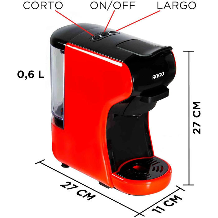 SOGO 3-in-1 Espresso Coffee Machine | Adapter for Capsules of Leading Brands | Ground Coffee, Coffee Pads, Tea | 19 Bar Pressure | Compact Size (SS-5675) (red)