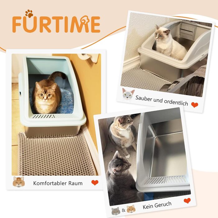 FURTIME Лоток для котів з нержавіючої сталі XXL, 42L, великий, витокозахисний, з лопаткою, 60x40x36 см (Сріблясто-сірий)