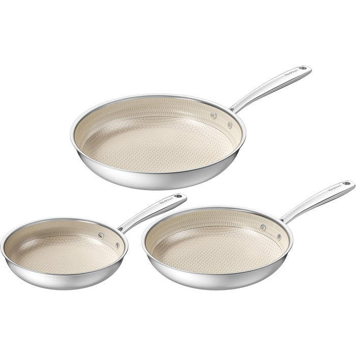 Набір сковорідок Redchef з антипригарним покриттям Ceramic, 3 шт., 20+26+30 см (чорний), 20+24+28 см (бежевий). Без PFOA, PTFE, PFAS. Можна мити в посудомийній машині та використовувати в духовці.