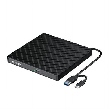 Зовнішній DVD CD привід BENEWY USB 3.0 та Type-C, портативний DVD-плеєр та записувач +/-RW для ноутбука, ПК, MacBook (Windows, Linux, Mac), чорний
