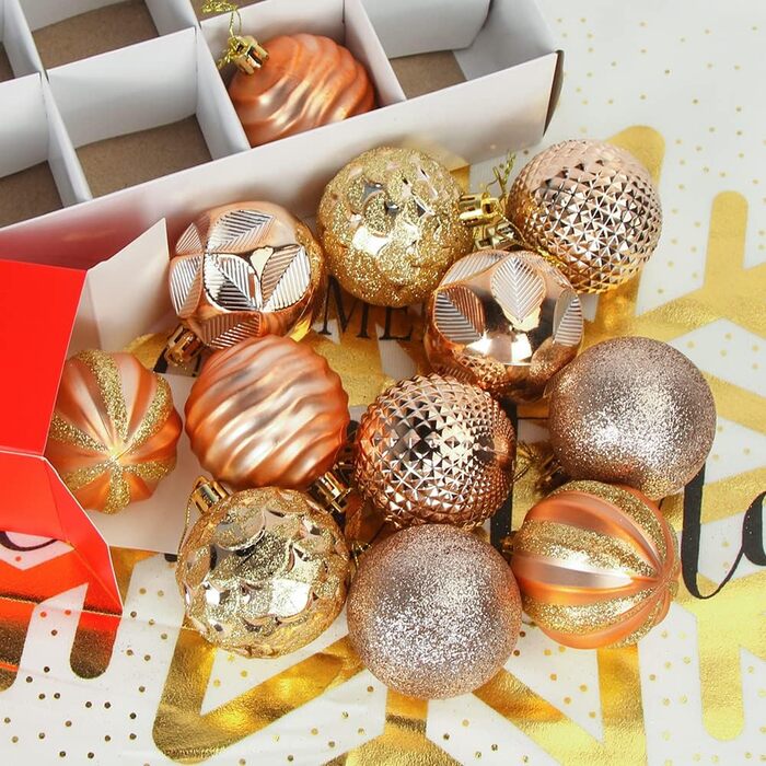 Новорічні кулі для ялинки, пластик, 6 см, набір 12 шт. (рожево-золотий)