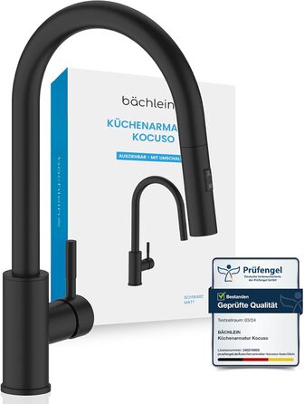Кухонний змішувач Bächlein Plivo з нержавіючої сталі (щіткова обробка) – одноручний висувний кран для кухні з поворотним виливом 360° (матова чорна обробка)