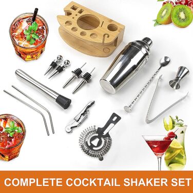 Cocktail Shaker Set, Stainless Steel Cocktail Set, 14-Piece Bartender Kit Bar Accessories, Cocktail Mixer Set with Wooden Stand, 750ML Cocktail Gift Set for Home or the Bar.