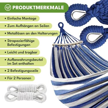 Гамак KRUMAD 260 см, до 250 кг, вологостійкий, бавовна-поліестер, для саду, балкону, кемпінгу, з дерев'яними розпірками та сумкою (блакитно-білий, без каркасу)