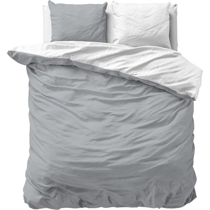 Sleeptime 100% Cotton Bedding Set 240cm x 220cm White/Gray - soft & wrinkle-free duvet cover with button closures - two-tone bedding set with 2 pillowcases 60cm x 70cm