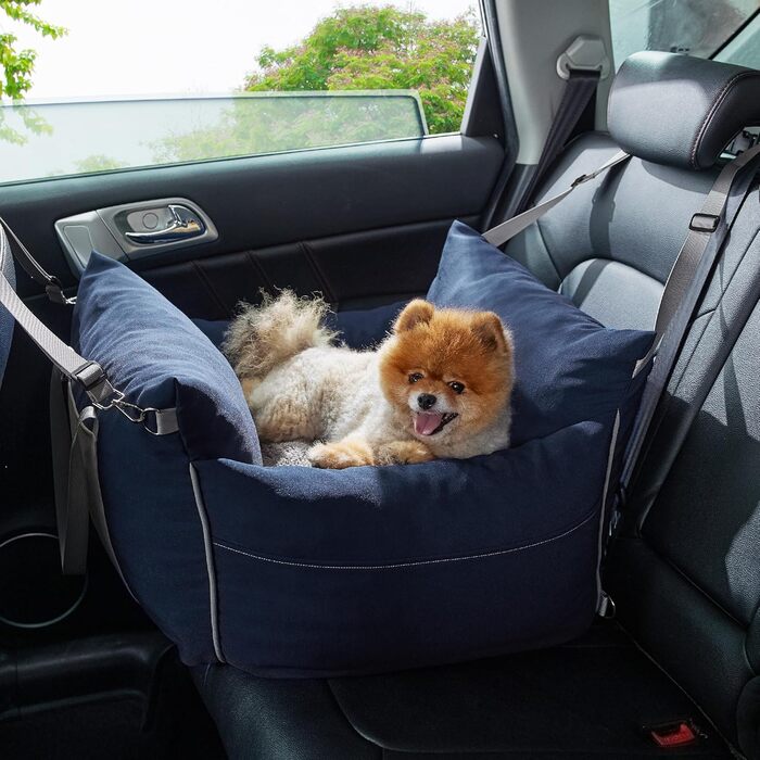 Pet Car Seat for Small Dogs - Waterproof and Washable Dog Car Seat with Storage Pockets, Detachable Safety Leash, and Thickened Memory Foam Filling, 58x56x33cm, (Navy Blue)