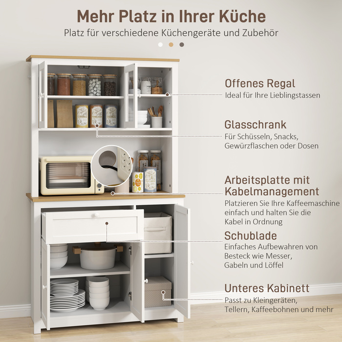 HOMCOM Farmhouse-Style Kitchen Cabinet with 1 Vitrine (Glass-Front Cabinet), 1 Open Shelf, 1 Drawer, and 2 Cabinets, Natural + White