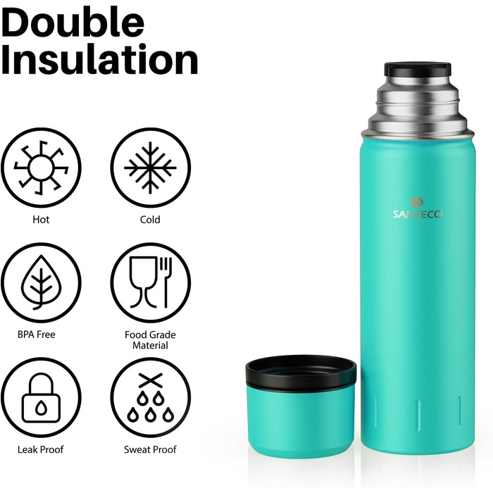 Термос-термокана Santeco з нержавіючої сталі, 1л, 500мл, з антивитіканням, ізольована пляшка з кришкою-чашкою для подорожей, термос для кави та чаю для дітей, спорту, без BPA, 24 години холод & 12 годин гарячий (зелений джунглів, 1000 мл)
