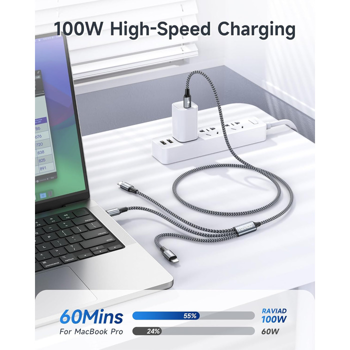 Кабель RAVIAD 100W USB-C 3-в-1 (1.2м) з E-Mark для iPhone, Galaxy, MacBook