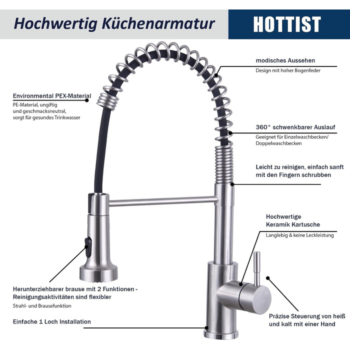 Чорний кухонний змішувач з висувною лійкою, високий поворотний вигин, 2 режими розпилення, нержавіюча сталь, шорстка поверхня