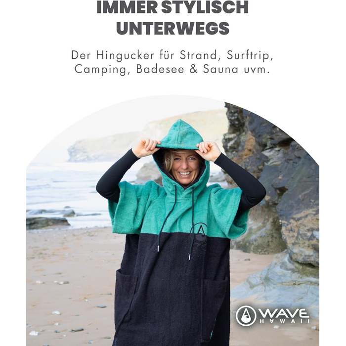 WAVE HAWAII Bathrobe Poncho for Women & Men | Size L, 170-200cm | 100% Cotton Surf Poncho | Velour & Terry Cloth Towel with High Water Absorption | Changing Aid for Adult Beachgoers