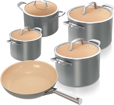 Ninja Extended Life Ceramic Cookware Set - 5 Piece (20 & 24 inch Saute Pans + 16, 18 & 20 inch Pots with Lids), Non-Stick (PFOA, PFOS Free), Oven Safe, Grey & Terracotta