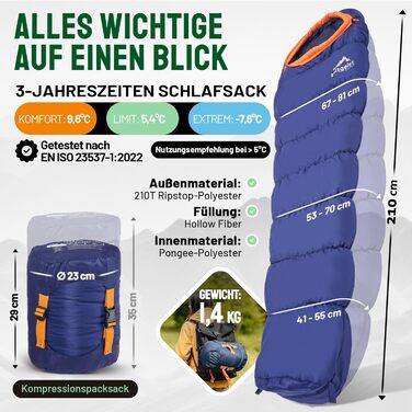 Сплячий мішок Zeitgeist Outdoor 3 сезони для дорослих 210x81 см, водонепроникний, легкий, 10°C, для мото, риболовлі, велосипеда, трекінгу та кемпінгу