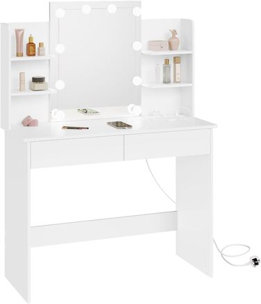 Туалетний столик WOLTU з LED-підсвіткою, дзеркалом, 2 USB-портами, 2 шухлядами та 4 відкритими полицями, білий, для макіяжу і спальні