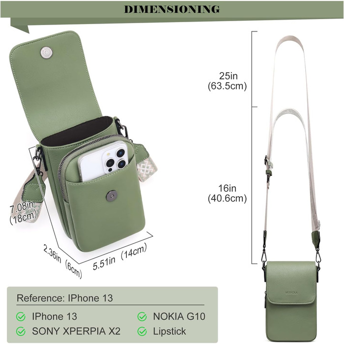 Сумка-органайзер на шию MUIIKOLA з RFID-захистом для телефону, веганська шкіра, зелений світлий. Сумка через плече для жінок з широким ременем та гаманцем.