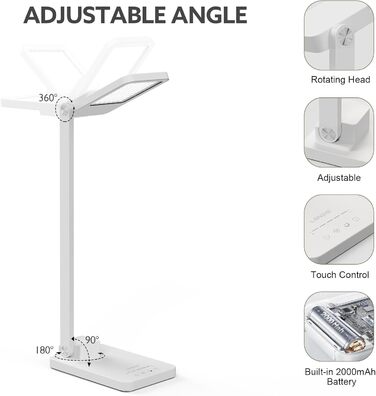 LED лампа настільна LENDOO з двома головками, регульована яскравість 700 люмен, 5 рівнів регулювання, 5 кольорових режимів, USB-порт для зарядки та вбудований акумулятор 2000mAh, для дітей, спальні, читання (білий - квадратна)