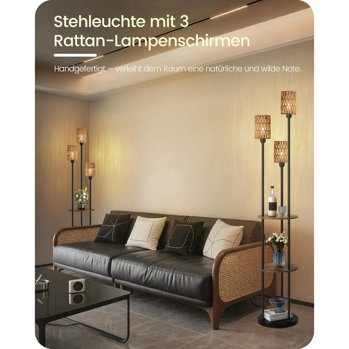Стельова лампа для вітальні з полицею, 3-лампова торшер з етажеркою у стилі вінтаж, бохо торшер з дерева з вимикачем на ніжці, патрон E27, ретро-дизайн у кольорах коричневого та бежевого, ZEF53LDD05 (Ротанг, Чорний)