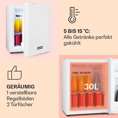 Klarstein Mini Fridge - 23L Compact Refrigerator for Drinks & Cosmetics - Quiet Mini Bar with Adjustable Shelf - Skincare Fridge 5-15°C (White)