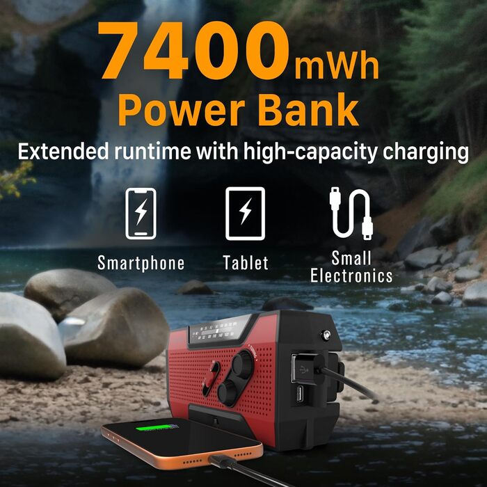 Радіоприймач FosPower NOAA/AM/FM з Power Bank 19240 мАг (5200 мАг) - Сонячна/USB зарядка, ручна динамо-машина, SOS-сигнал, ліхтарик, помаранчевий (Модель A1)