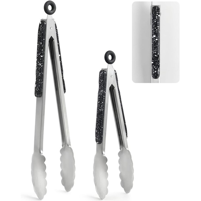 Stainless Steel Kitchen Tongs, 22.9 cm and 30.5 cm, 2 Pieces, Sturdy Grill Tongs with Brushed Closure, Food Tongs with Ergonomic Handle, Black