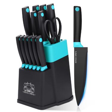 Набір кухонних ножів FIVE COWS (14 предметів) з автоматичним точильним, з ножем для стейку та ножицями, антиокислювальне покриття, професійний набір для дому (зелений)