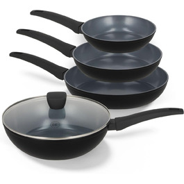 Набір сковорідок Be Living Delight 4 шт. (20/24/28 см + Вок 28 см з кришкою), антипригарне покриття кераміка, для індукційних плит, без PTFE та PFOA, чорний
