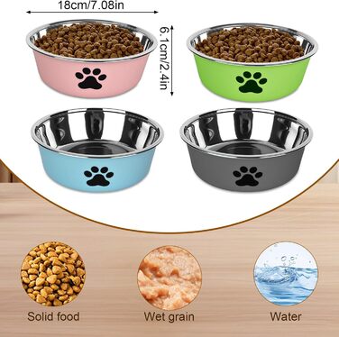 Набір з 4 мисок для собак з нержавіючої сталі з неслизьким силіконовим дном, 900 мл, для корму та води (зелений, сірий, блакитний, рожевий)