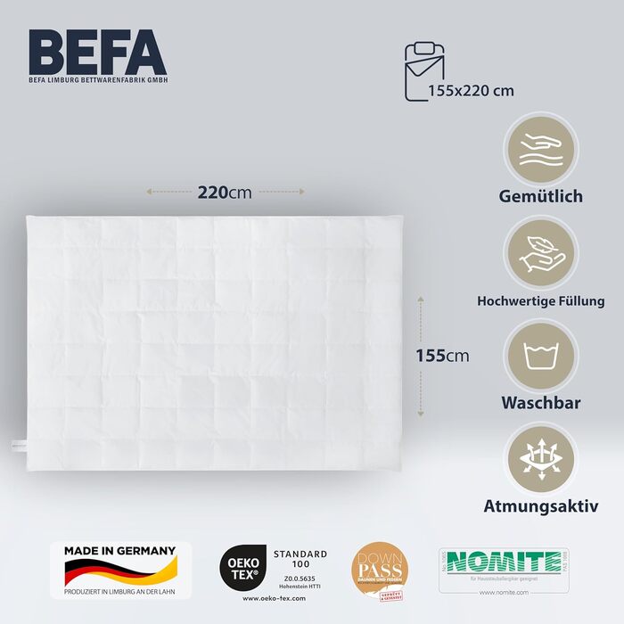 BEFA NATUR Made in Germany Down Comforter 155x220 cm made of 90% goose down and 10% feathers, summer duvet, suitable for allergy sufferers, Öko-Tex 100 Class 1 certified, Downpass (2 pieces) 155 x 220 cm (2 pieces) summer duvet