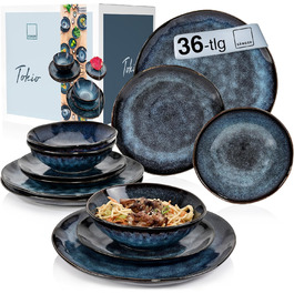 Singer | Tokio 36-Piece Tableware Set, Dinnerware Set for 12 People, Stoneware Tableware Set, Dinnerware, Modern Handmade, Dark Blue Dinner Service with Black Accents | PREMIUM COLLECTION