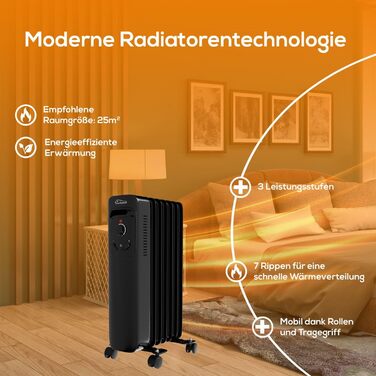 Масляний радіатор Tronitechnik® TT-OR 311: 1500 Вт, 3 режими, термостат, захист від перегріву, чорний