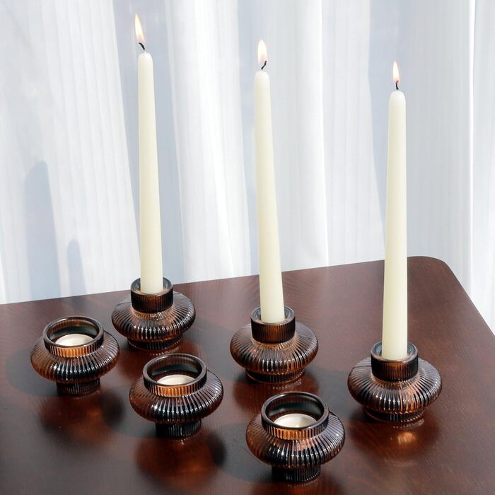 VOHO Candle Holders, Ribbed Glass, Stylish Boho Candle Holders, Stackable and Reversible, for Candle Stands and Votive Candles, e Candle Holders, Table Decor, Set of 18 (Brown)