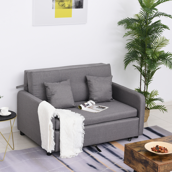 HOMCOM Sleeper Sofa, Sleeper Couch with Storage, Throw Pillows, Armrests, 2-Seater Sofa Bed with Sleeping Function, Linen Look, Upholstered Couch with Wheels for Living Room, Bedroom, Grey | Aosom