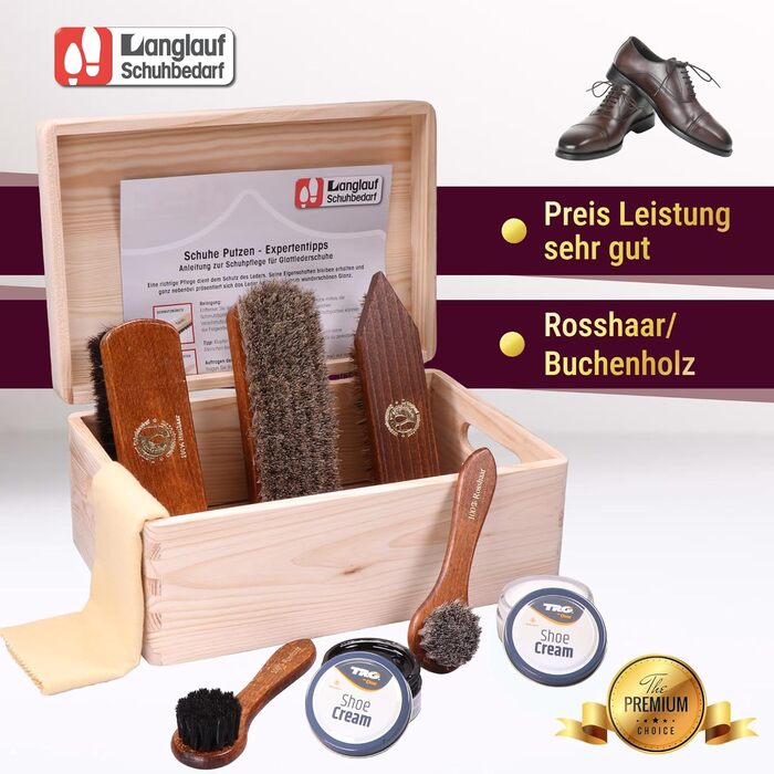 Shoe Shining Set Leather 9-Piece Shoe Shining Box Milano I Horsehair Shoe Brush - Container Brush and extra soft horsehair brush for polishing I Shoe Brush Set with horsehair, shoe care set made in Germany