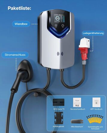 Wallbox 11 кВт з APP та RFID – Зарядний пристрій для електромобілів Typ 2 400V, 6-16A, кабель 8м з тримачем, RCD Typ B, IP54, програмування часу – для BEV/PHEV