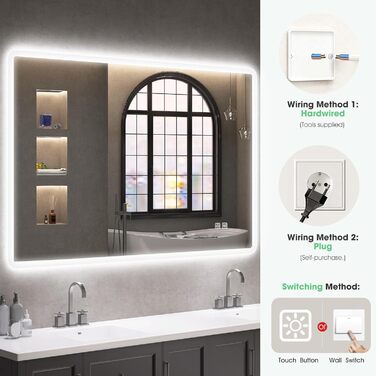 Дзеркало для ванної кімнати S'bagno з підсвічуванням 80x60 см, LED, Bluetooth, протитуманне покриття, 3 кольори, регулювання яскравості, пам'ять, загартоване скло, IP44, горизонтальне/вертикальне встановлення