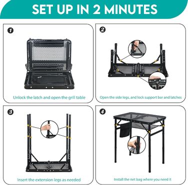 Складний кемпінговий стіл для пікніка, грилю, саду, пляжу 60x40x26.5/41.5/67.5 см, регульована висота, чорний