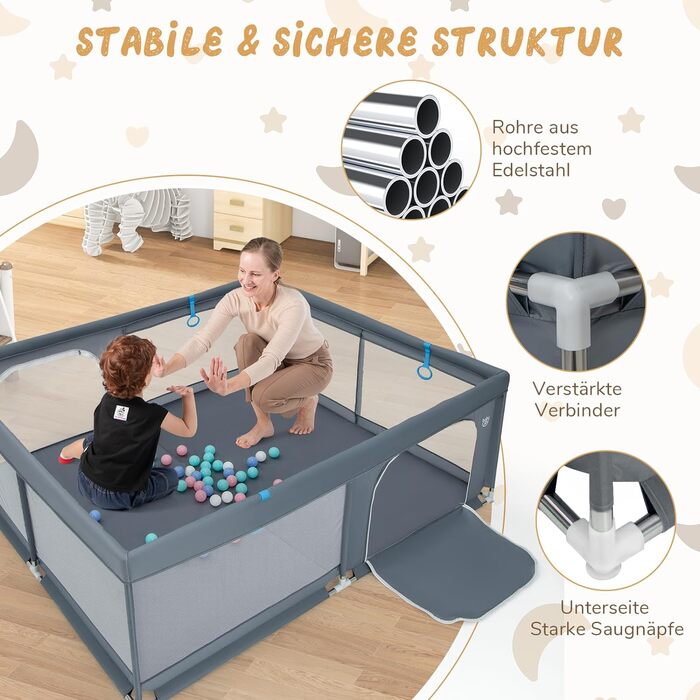 DREAMADE Playpen Baby, 200 x 180cm Playard with 50 Balls & 4 Grips & Carry Bag, Foldable Crawling Gate with Breathable Mesh, for Baby & Toddlers 0-36 Months (Dark Grey)