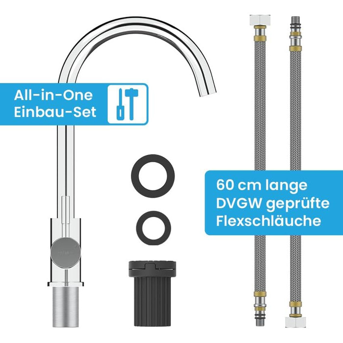 Кухонний змішувач Bächlein Plivo з нержавіючої сталі (щіткова обробка) – одноручний з 360° поворотним виливом, масивний кухонний кран (круглий, хром)