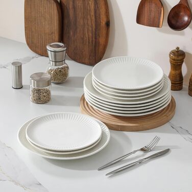 Набір посуду MALACASA LEILA на 6 осіб, 24 предмети: тарілки, миски, посуд з порцеляни з ручним рельєфним дизайном, безпечний для мікрохвильової печі та посудомийної машини, білий