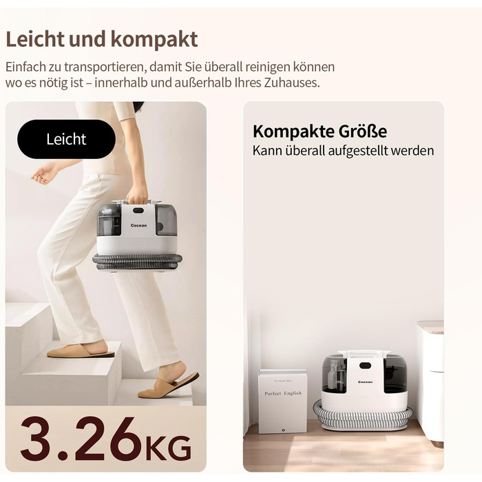 COCEAN Попиховий пилосос, мийка килимів, волого-сухий пилосос, 18Kpa для м'яких меблів, килимів, автосидінь та диванів, білий