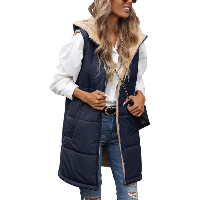 Жіноча жилетка Tuopuda з капюшоном, стельтована, з флісовою підкладкою, тепла зимова куртка, безрукавка, термо жилетка з коміром-стійкою, на блискавці, для осені/зими, колір: морський, розмір L