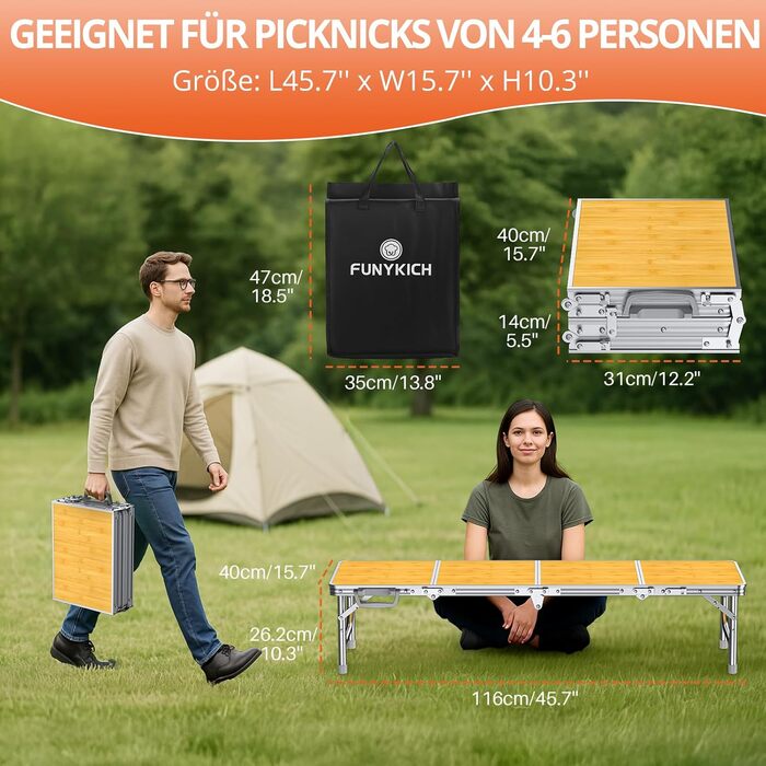 Складний кемпінговий стіл FUNYKICH 116x40x26 см, жовтий - алюмінієвий, MDF стільниця, з сумкою для перенесення