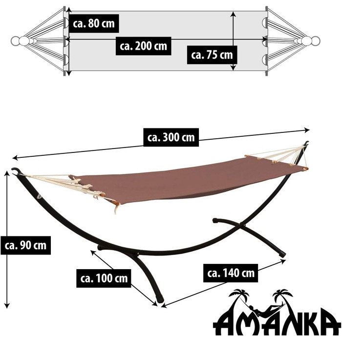 Гамак AMANKA з каркасом для однієї людини 300 см, до 120 кг, 190x80 см, підвісний садовий гамак для балкона та саду, стиль бохо, коричневий