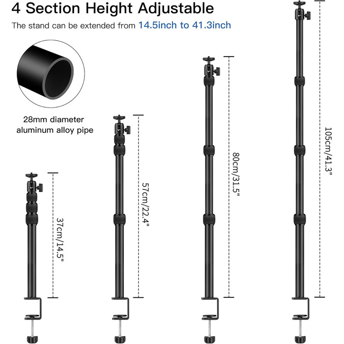Кріплення для камери Victiv, 37-105 см, настільний штатив для DSLR Canon, світловий штатив, затискний штатив з гнучким підлокотником та 1/4' кульовою головкою для камер, LED-світла, веб-камер, смартфонів (Чорний)