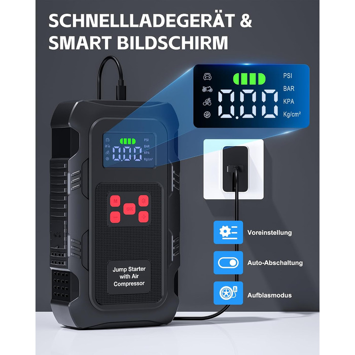 Пусковий пристрій Povasee Jump Starter 9000A з компресором 150 PSI та павербанком, автомобільний бустер 12V для бензинових та дизельних авто, з ліхтарем (Чорно-червоний)