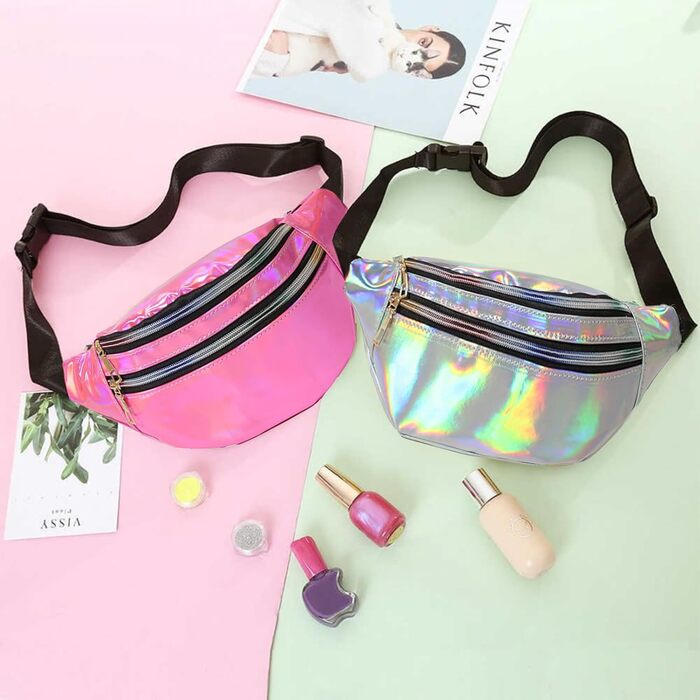 Дві жіночі поясні сумки/бананки: срібло + рожевий, водонепроникні, для активного відпочинку, подорожей та вечірок