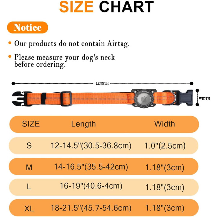 Нашийник для собак з AirTag, водонепроникний чохол, GPS-трекер, сумісний з Apple AirTag, для собак маленьких, середніх та великих порід, S (XL (39.5-55.5 см), помаранчевий)